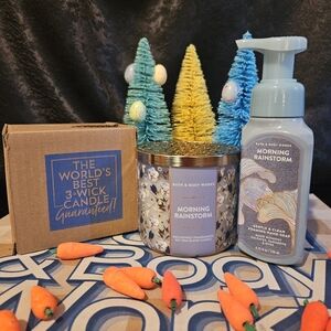 NWT Bath & Body Works Morning Rainstorm 3-Wick Candle and Soap Set - Blue